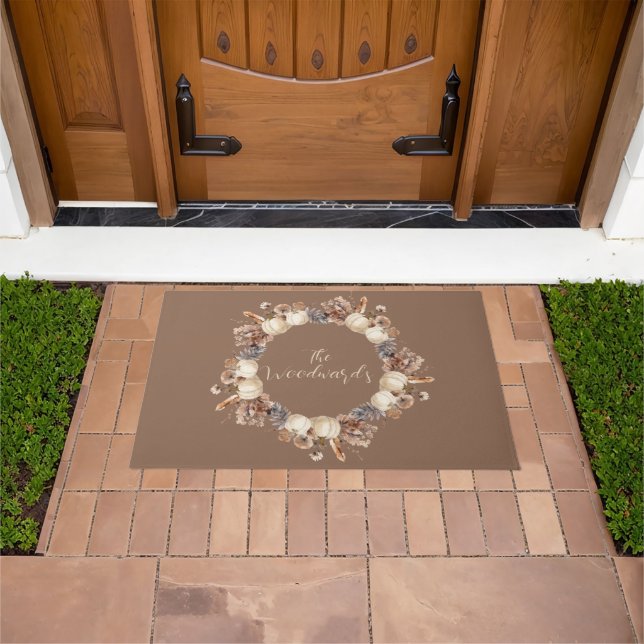 Personalized Autumn Pumpkin Pine Cones Wreath Doormat (Outdoor)