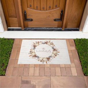 Personalized Autumn Pumpkin Pine Cones Wreath Doormat