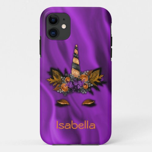 Personalized Autumn Unicorn on Purple Silk iPhone 11 Case