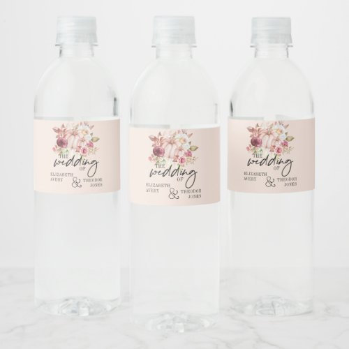 Personalized Autumn Wedding Pink Pumpkin Water Bottle Label