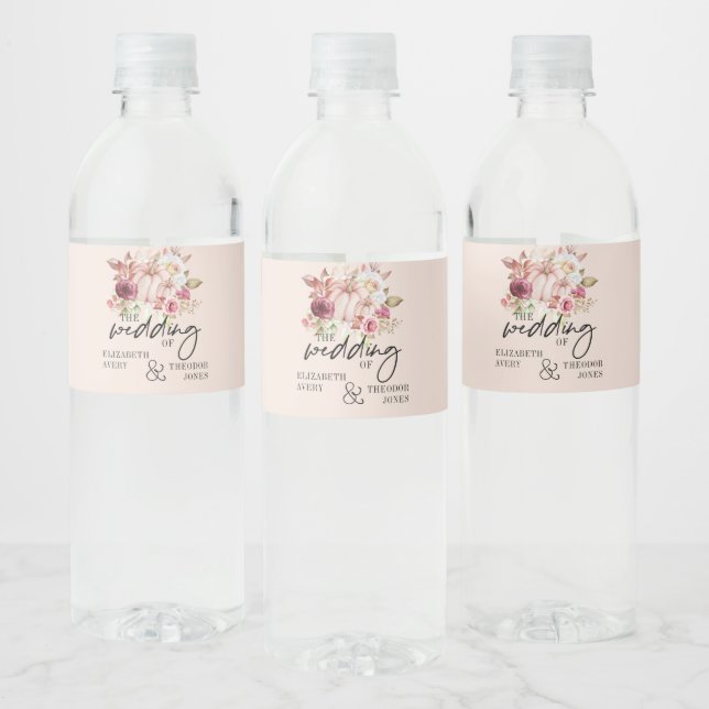 Personalized Autumn Wedding Pink Pumpkin Water Bottle Label (Bottles)