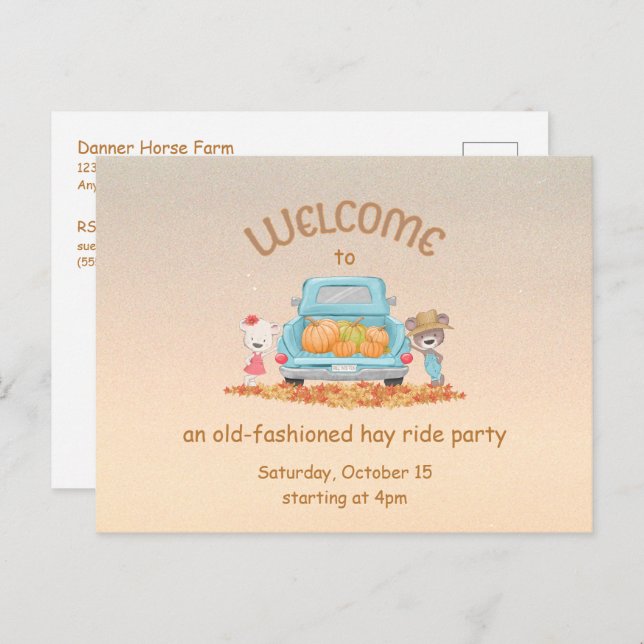 Personalized Autumn Welcome Bears Pumpkins Hayride Postcard (Front/Back)