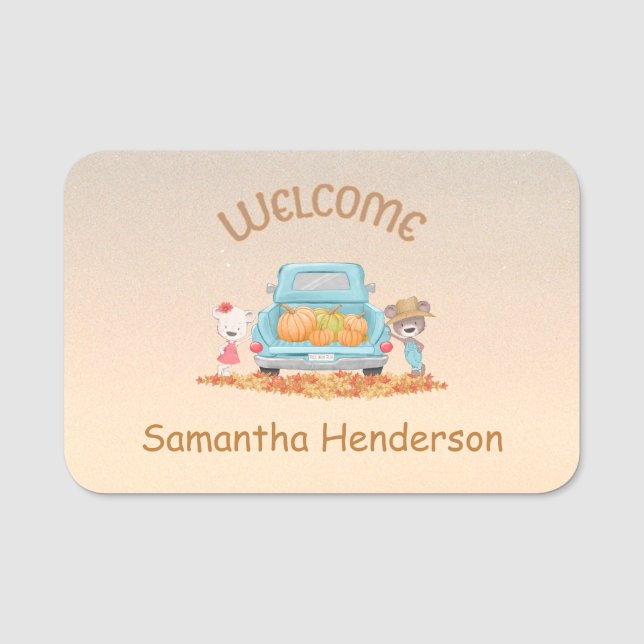 Personalized Autumn Welcome Bears Pumpkins Leaves Name Tag (Front)