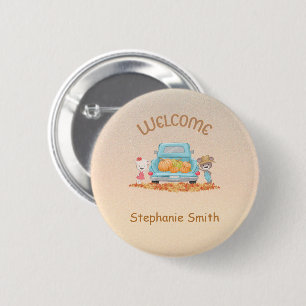 Personalized Autumn Welcome Bears Pumpkins Nametag Button