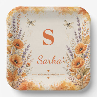 Personalized Autumn Wildflower Dragonfly Birthday Paper Plates