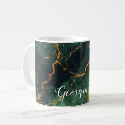 Personalized Autumnal Forest Green &amp; Gold Marble Coffee Mug