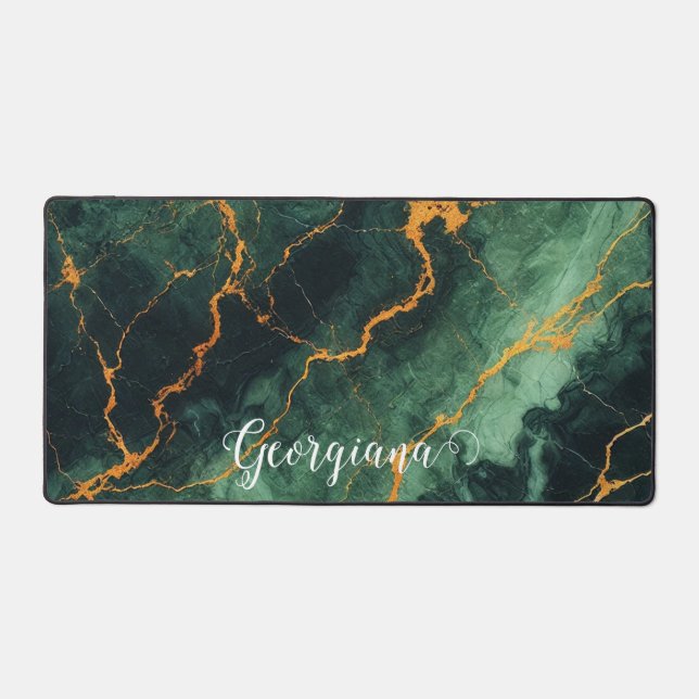 Personalized Autumnal Forest Green & Gold Marble Desk Mat (Front)