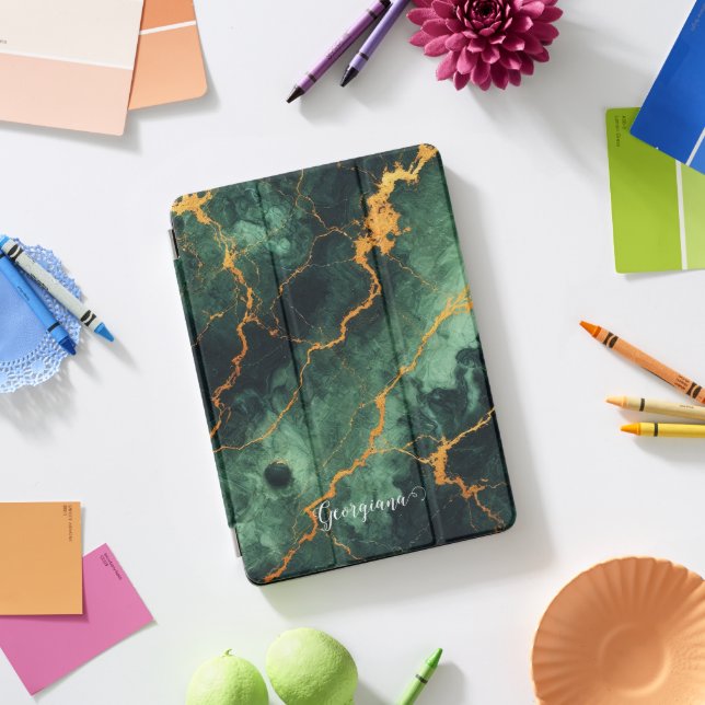 Personalized Autumnal Forest Green & Gold Marble iPad Pro Cover (Desk)