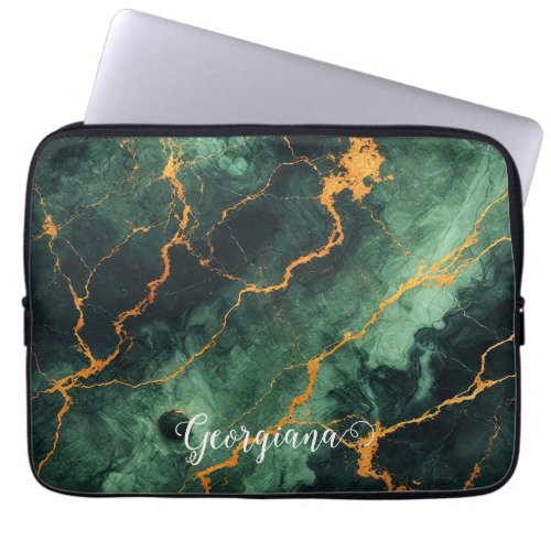 Personalized Autumnal Forest Green &amp; Gold Marble Laptop Sleeve