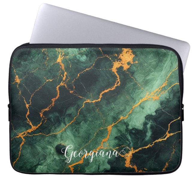 Personalized Autumnal Forest Green & Gold Marble Laptop Sleeve (Front)