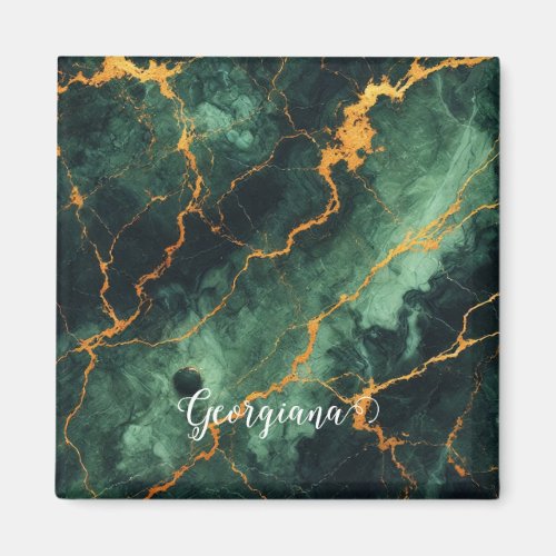 Personalized Autumnal Forest Green & Gold Marble Magnet