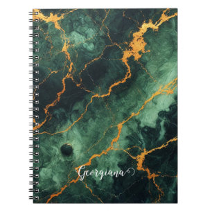 Personalized Autumnal Forest Green & Gold Marble Notebook