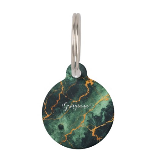 Personalized Autumnal Forest Green &amp; Gold Marble Pet ID Tag