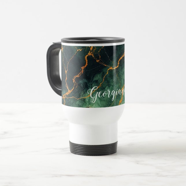 Personalized Autumnal Forest Green & Gold Marble Travel Mug (Front Left)