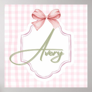 Personalized Avery Baby Girl Nursery Bow&Gingham Poster