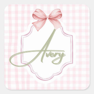 Personalized Avery Baby Girl Nursery Bow&Gingham Square Sticker