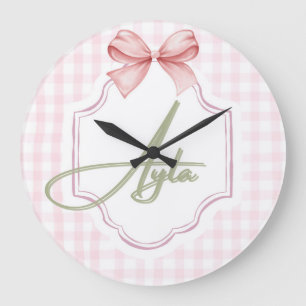 Personalized Ayla Baby Girl Nursery Bow&Gingham  Large Clock