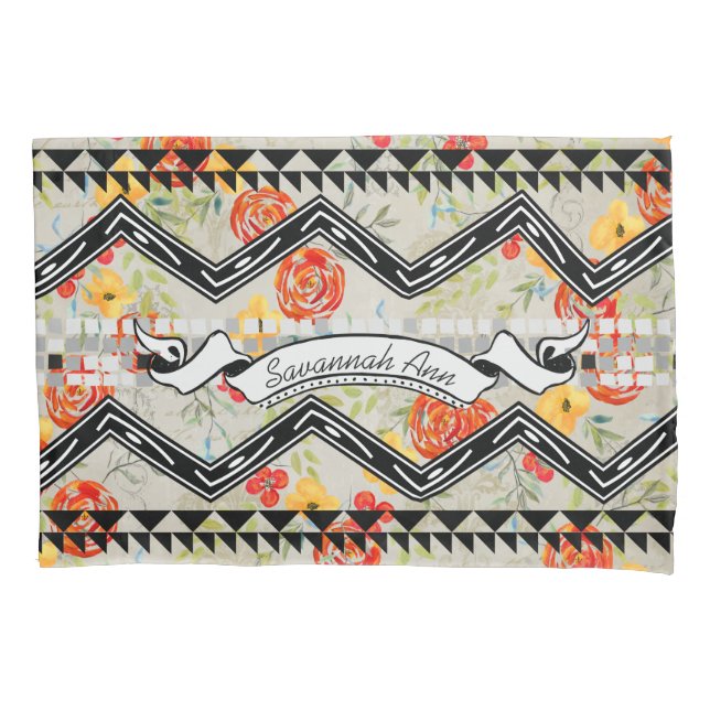 Personalized Aztec Floral Red and Orange Pattern Pillow Case (Front)