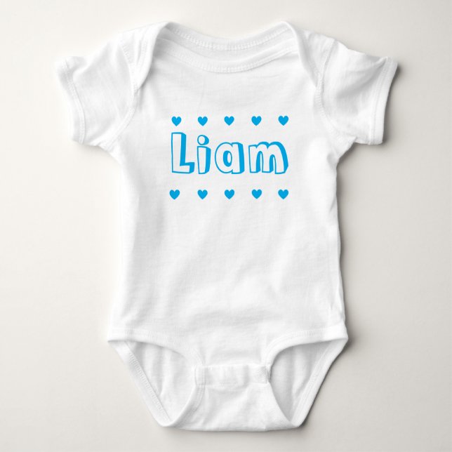 Personalized Azure Blue Heart Boy Name Baby Bodysuit (Front)