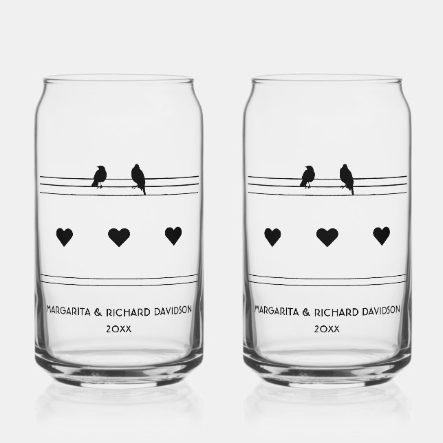 Personalized B&W 2 birds & 3 hearts Can Glass (Front)
