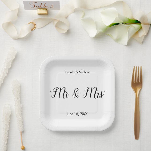 Personalized B&W Mr & Mrs Font-2 Paper Plates (Wedding)
