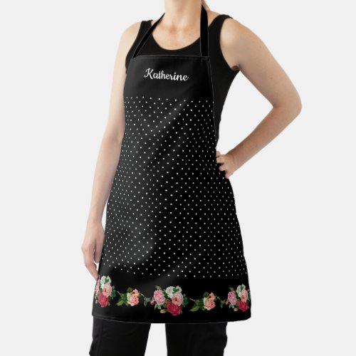 Personalized BW Polka Dots with Rose Border Apron