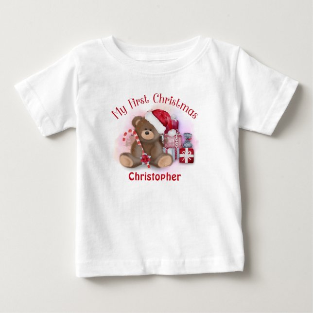 Personalized Babies First Christmas Teddy Bear  Baby T-Shirt (Front)