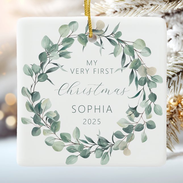 Personalized Baby 1st Christmas Eucalyptus Wreath Ceramic Ornament (Creator Uploaded)