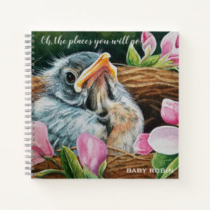 Personalized Baby American Robin Bird in Nest Art Notebook