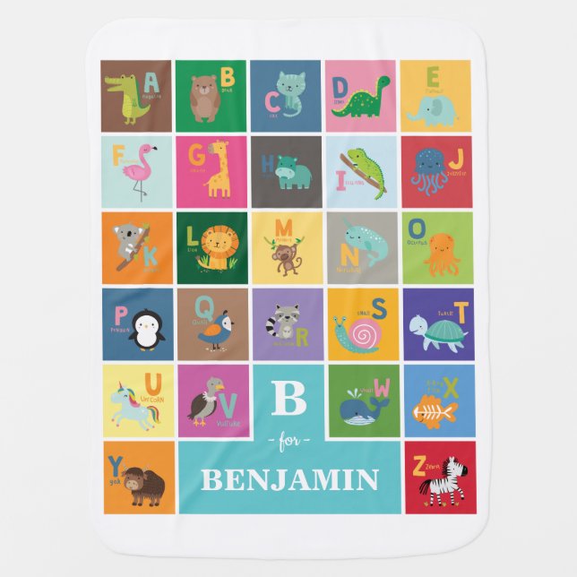 Personalized Baby Animals Alphabet Kids Nursery Blanket (Front)