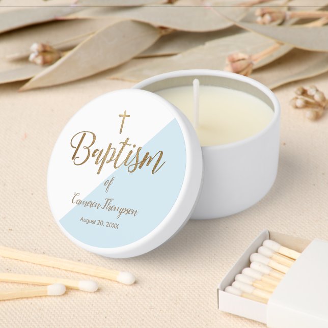 Personalized baby Baptism Blue Gold Cross Mini Candle Favors (Insitu)