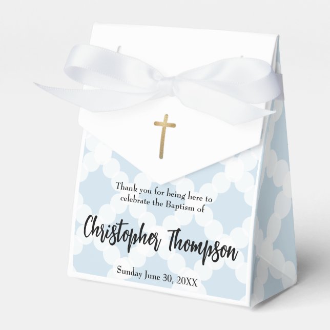 Personalized Baby Baptism Gold Cross Blue pattern Favor Boxes (Front Side)