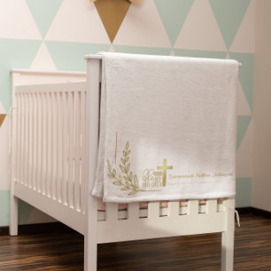 Personalized Baby Baptism Gold Cross Floral Sherpa Blanket