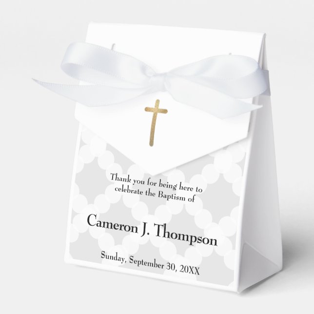 Personalized Baby Baptism Grey White Gold Cross Favor Boxes (Front Side)