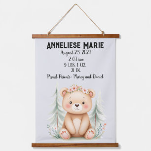 Personalized Baby Bear Birth Stats Girls' Nursery Hanging Tapestry