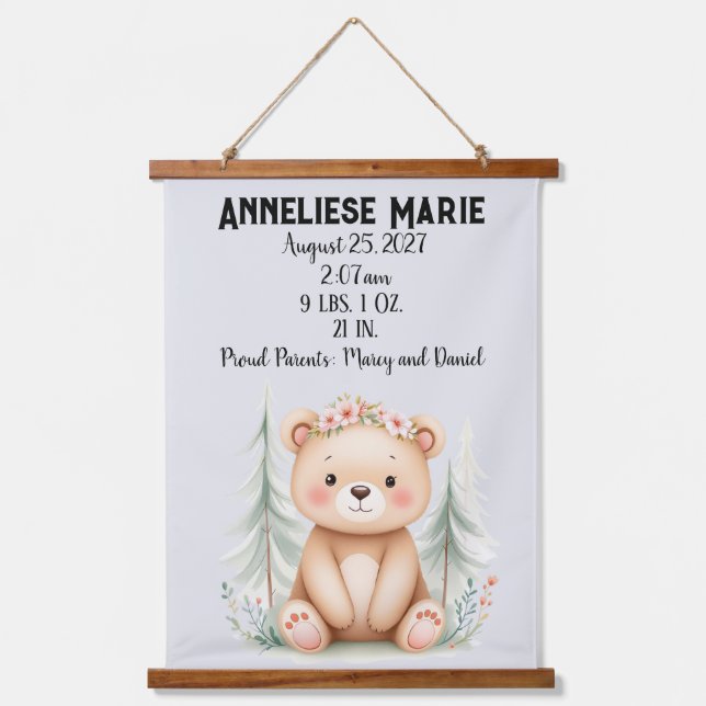 Personalized Baby Bear Birth Stats Girls' Nursery Hanging Tapestry (Front)