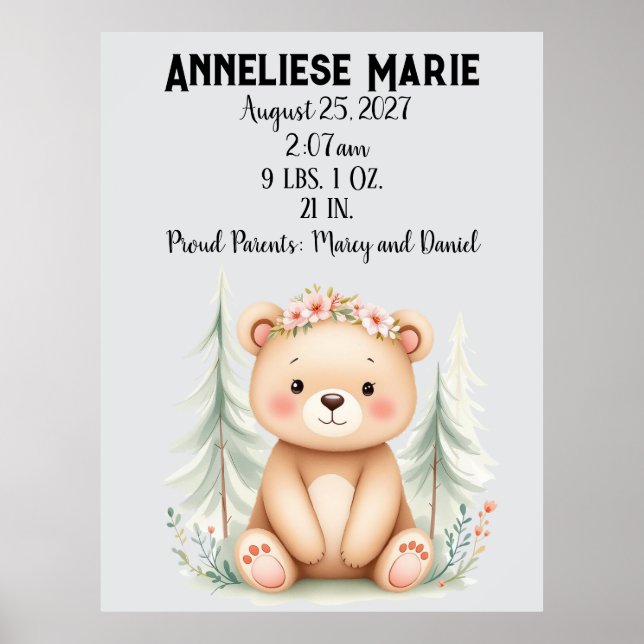 Personalized Baby Bear Birth Stats Girls' Nursery Poster (Front)