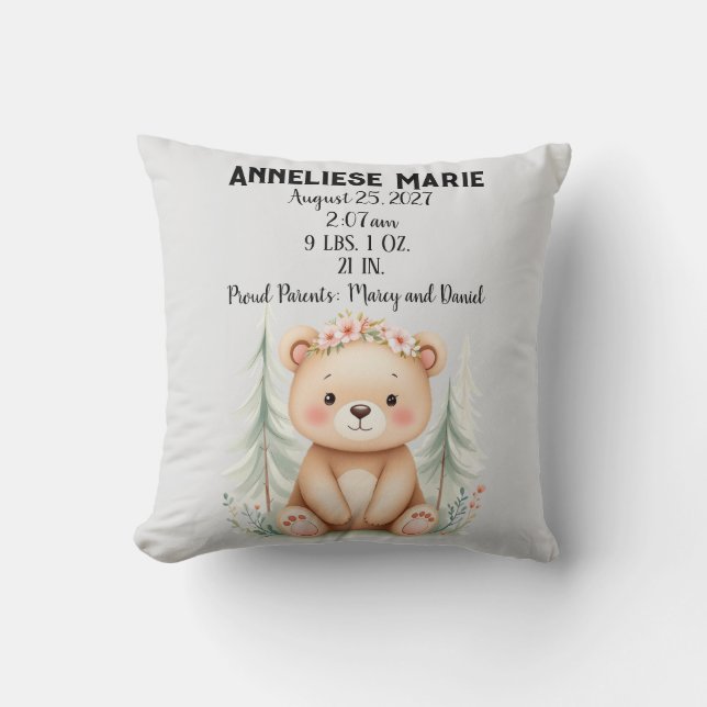 Personalized Baby Bear Birth Stats Girls' Nursery Throw Pillow (Front)