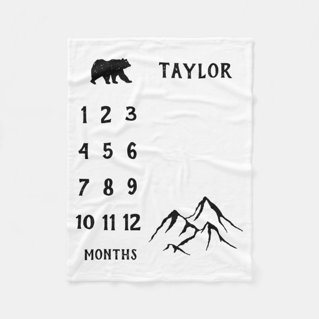 Personalized Baby Bear Milestone Baby Boy Blanket (Front)