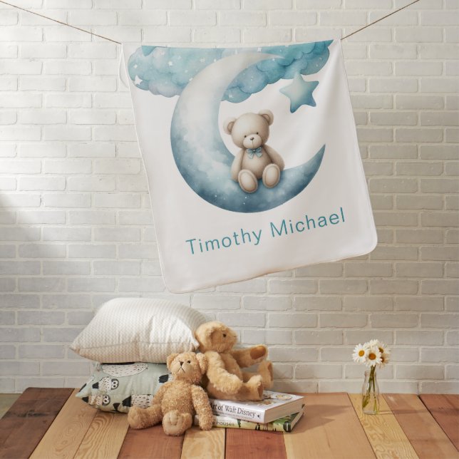 Personalized Baby Bear Moon Star Cloud Blue Boy Baby Blanket (In Situ)