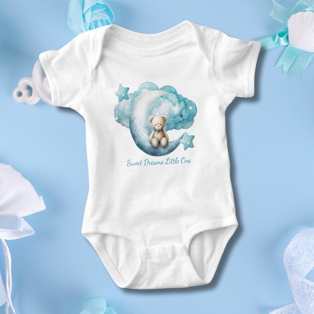 Personalized Baby Bear Moon Star Cloud Blue Boy Baby Bodysuit (Personalized Blue Baby Bear Sitting on Moon with Stars and clouds. Baby shower gift baby boy)