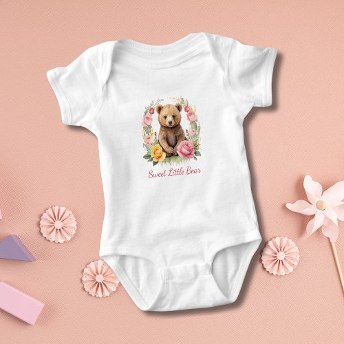 Personalized Baby Bear Pink Yellow Flowers Gift Baby Bodysuit