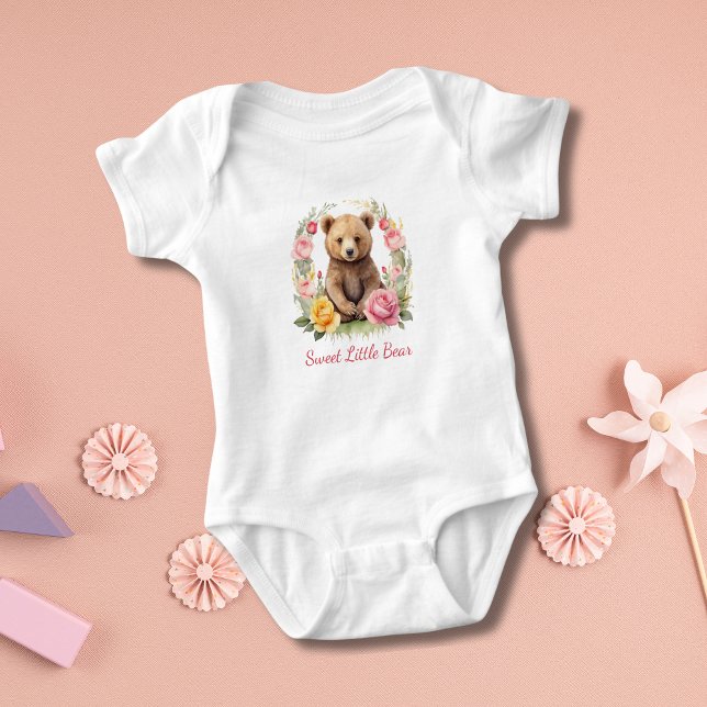 Personalized Baby Bear Pink Yellow Flowers Gift Bodysuit (Personalized Baby Bear Pink Yellow Roses Flowers Baby Girl Gift Baby Shower gift)