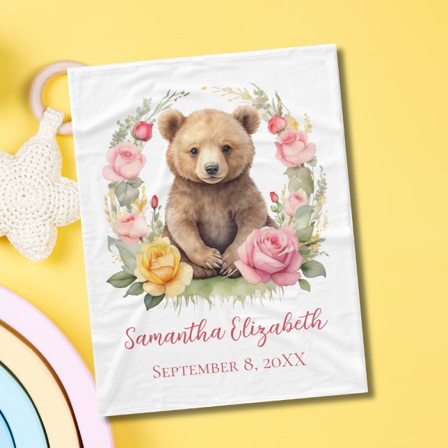 Personalized Baby Bear Pink Yellow Roses Baby Fleece Blanket (Personalized Birth name and date, Baby Bear with Pink Yellow Flowers Roses Baby Blanket)