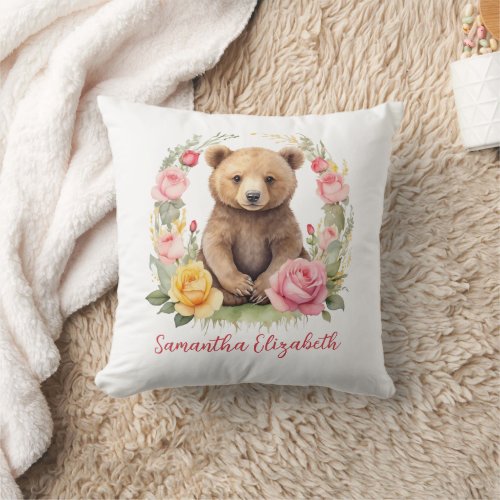 Personalized Baby Bear Pink Yellow Roses Baby Throw Pillow