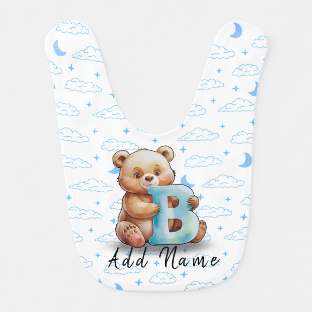Personalized Baby Bib with Blue Clouds & Moon (Front)