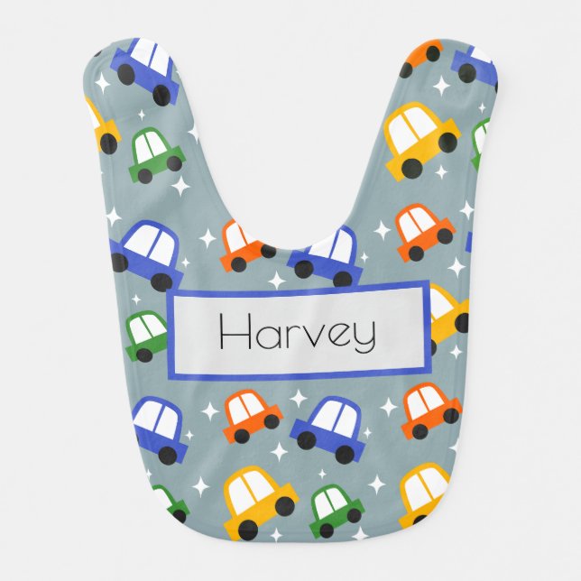 Personalized baby bib with playful car pattern (Front)