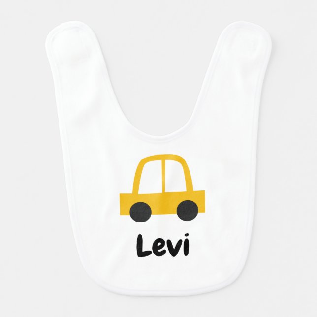 Personalized baby bib with yellow car (Front)