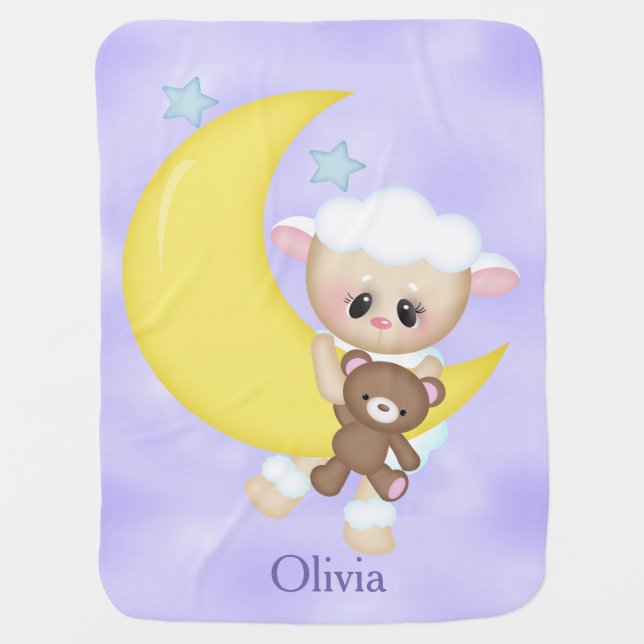 Personalized Baby Blanket Baby Lamb Crescent Moon (Front)