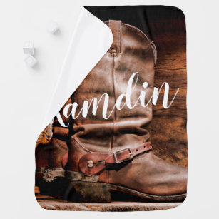 Personalized Baby Infant Toddler Blanket & Bib Cute Cowgirl Boot Set ANY COLOR 